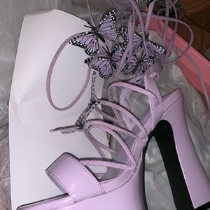 purple butterfly lace up heels